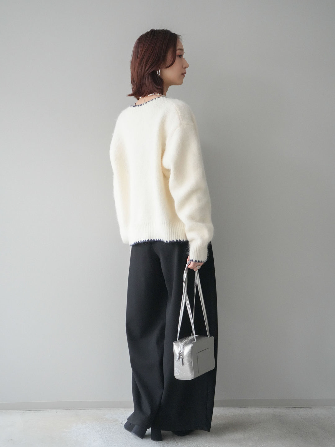 [SET]三角ステッチニットカーディガン+アニマル柄ベルト付きウールタッチワイドパンツ(2set)