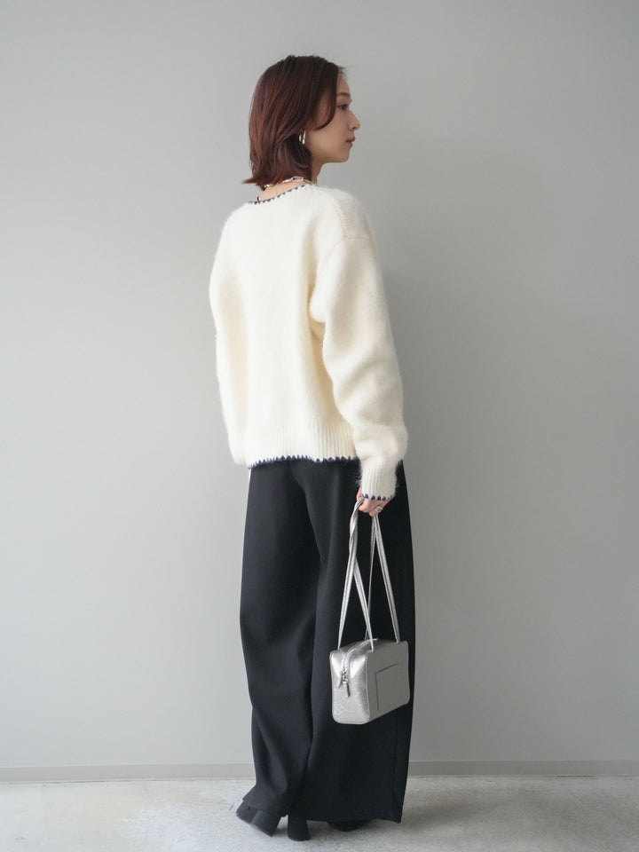 [SET]三角ステッチニットカーディガン+アニマル柄ベルト付きウールタッチワイドパンツ(2set)