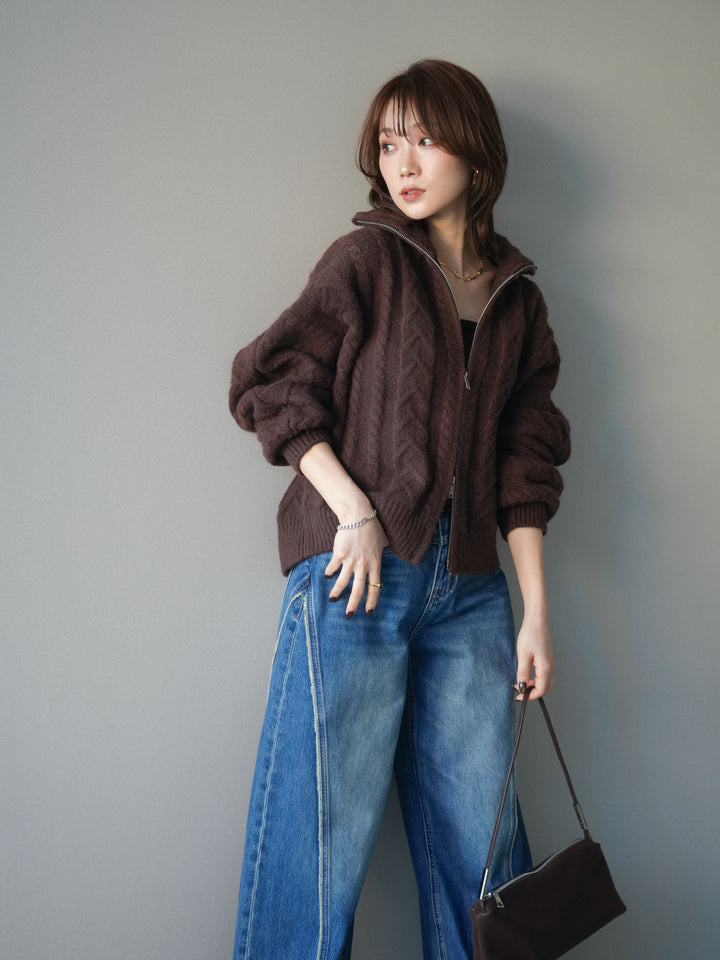 [SET]ケーブル編みハイネックZIPニットカーディガン+サイドフリンジワイドデニムパンツ(2set)