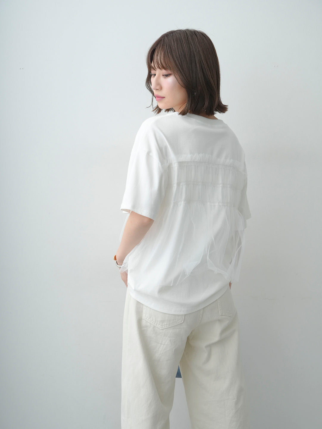 [SET]ギャザーチュールドッキングTEE+センターラインカーブクロップデニム(2set)