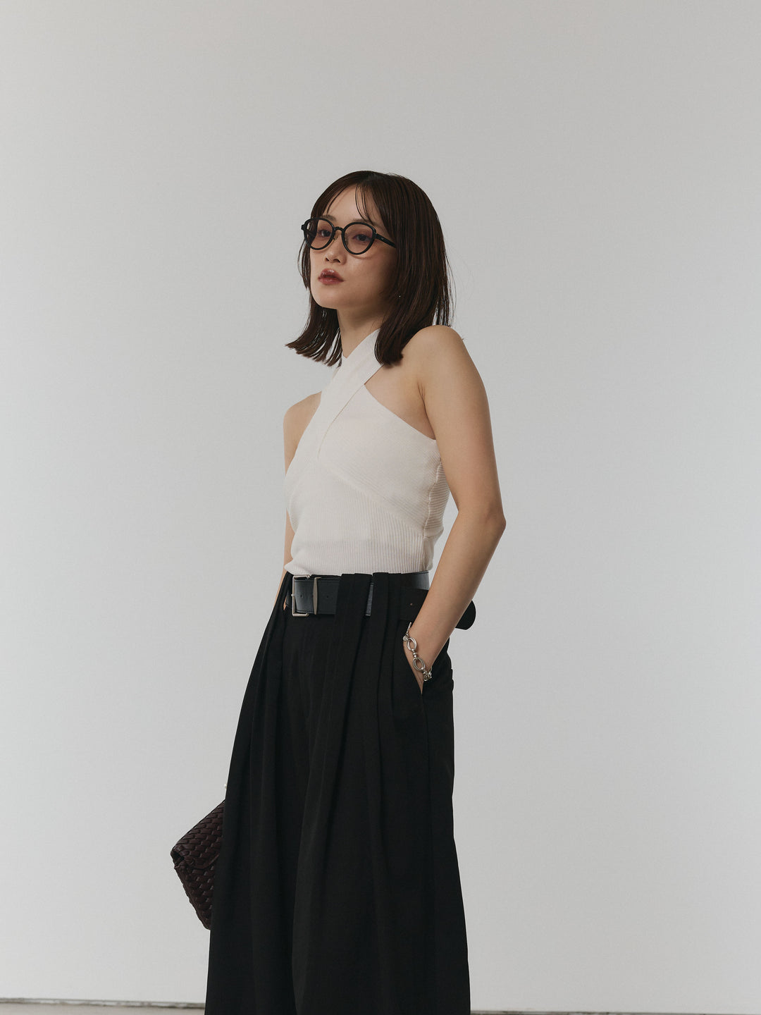 【Allure】[SET]クロスリブニットタンクトップ+ベルト付ダブルループワイドパンツ(2set)