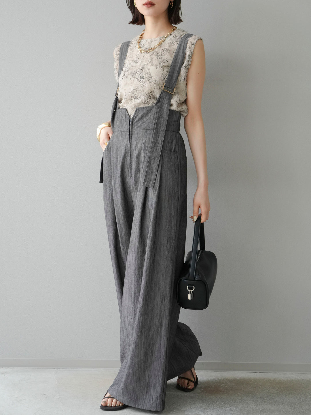 [予約]ストリングデザインハイウエストサロペット/チャコール