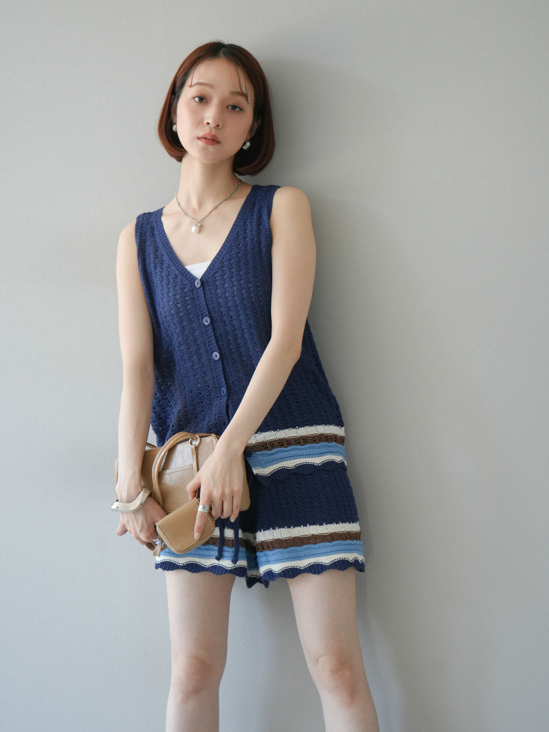 [SET]裾マルチボーダーニットベスト＆ショートパンツ SET UP(2set)