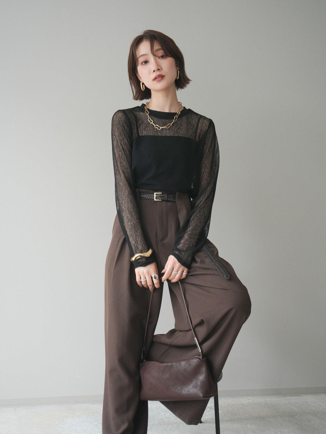 [SET]シアーストライプメッシュトップス+ドレープタックベルトループパンツ(2set)