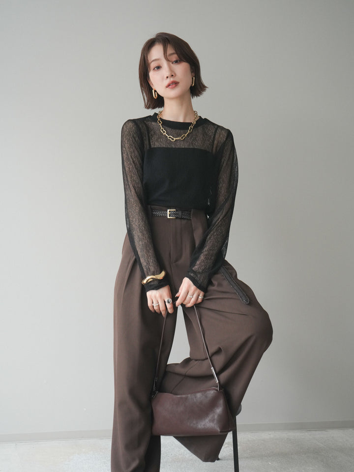 [SET]シアーストライプメッシュトップス+ドレープタックベルトループパンツ(2set)