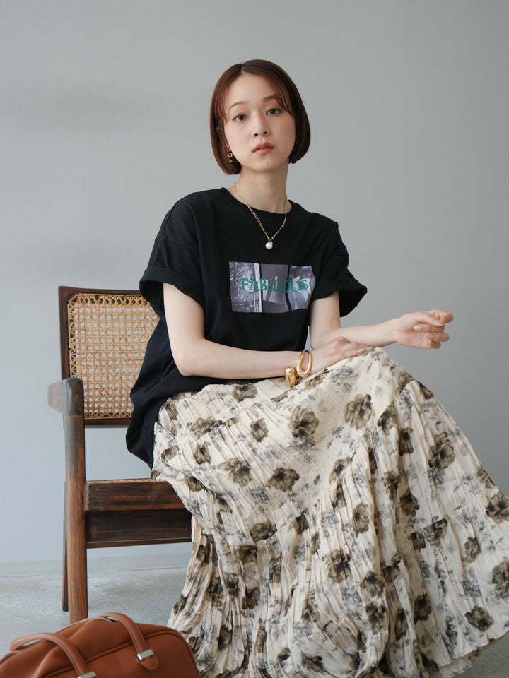 [SET]ネオンロゴコラージュフォトプリントオーバーTシャツ+フラワーワッシャーロングスカート(2set)
