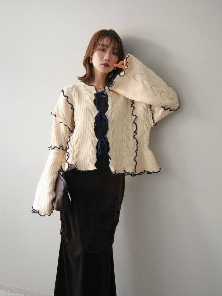 [SET]フロントリボン配色メローニットカーディガン+フロントリボン配色メローニットカーディガン(2set)