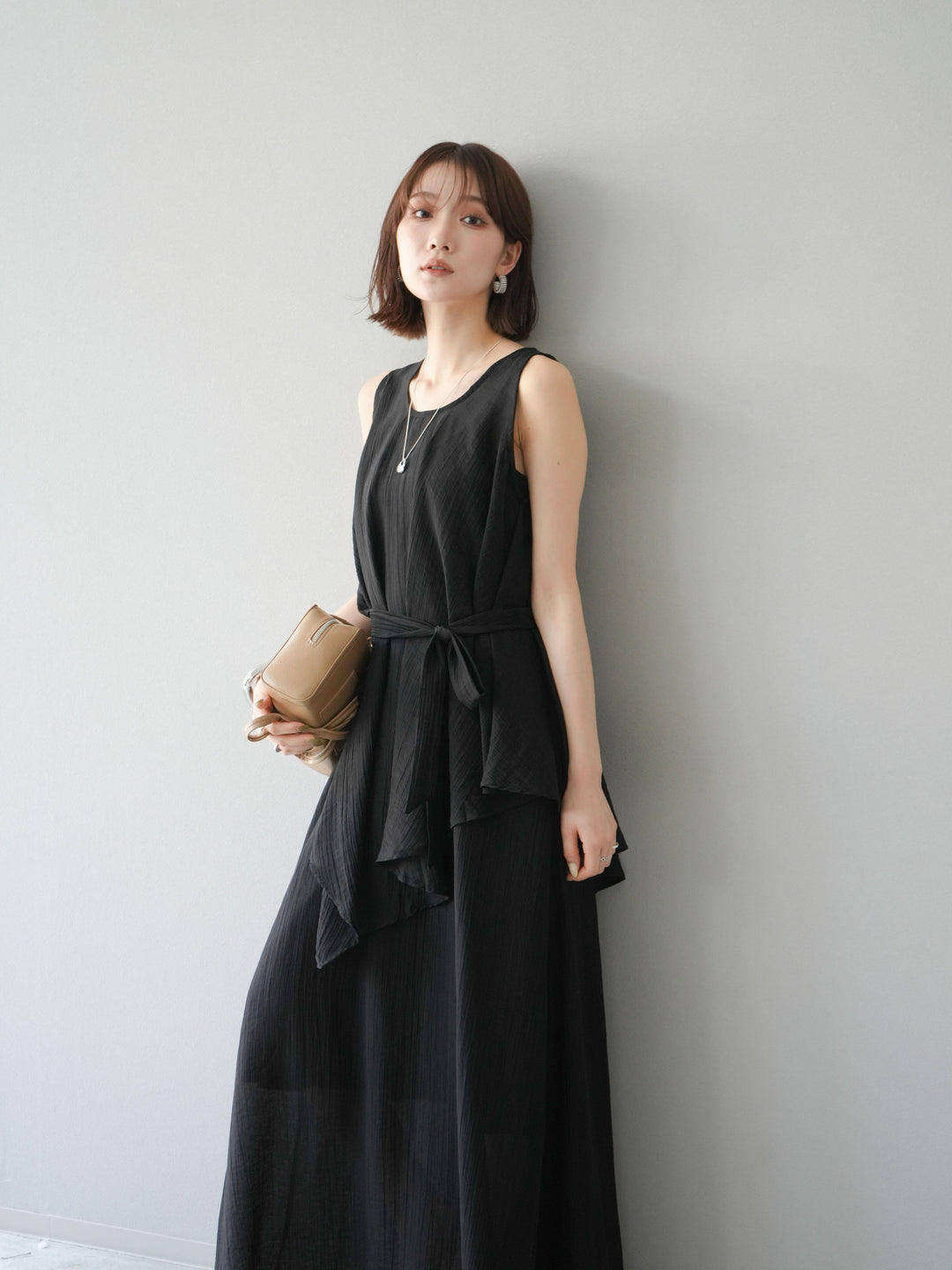 [SET]ワッシャーシアーアシメブラウス＆キャミワンピース+選べるアクセセット(2set)