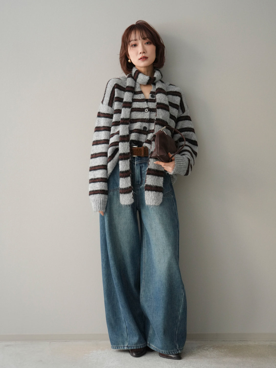 [予約]ボウタイ付きボーダーニットプルオーバー/gray