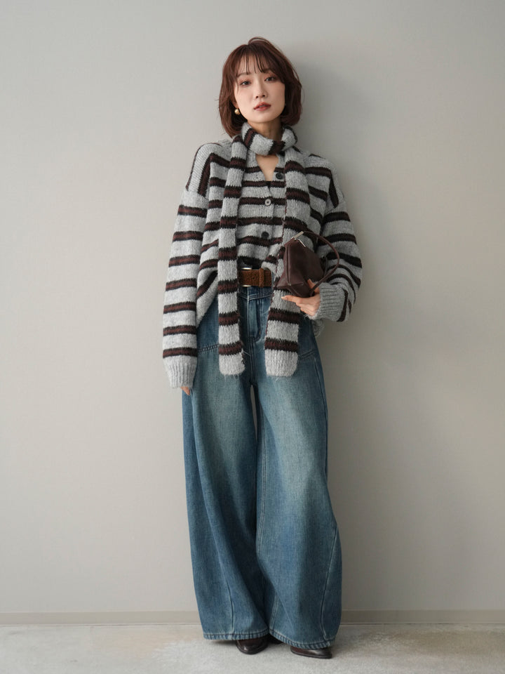 [予約]ボウタイ付きボーダーニットプルオーバー/gray