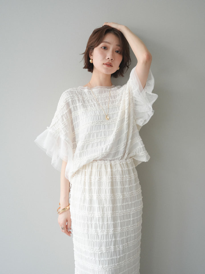 [SET]チュール袖リップルトップス+リップルIラインスカート(2set)