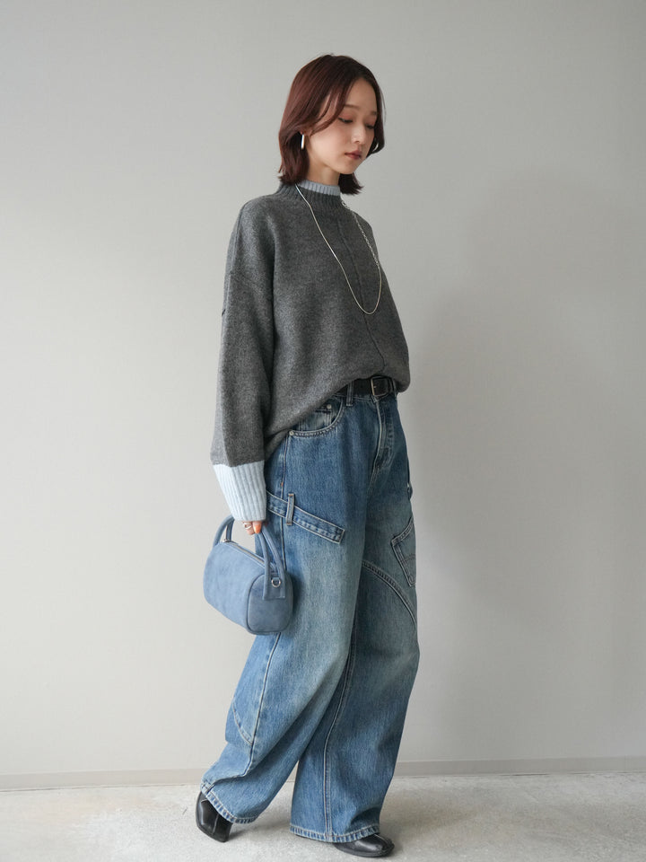 [SET]配色ハイネックニットプルオーバー+ペインターカーブデニムパンツ(2set)