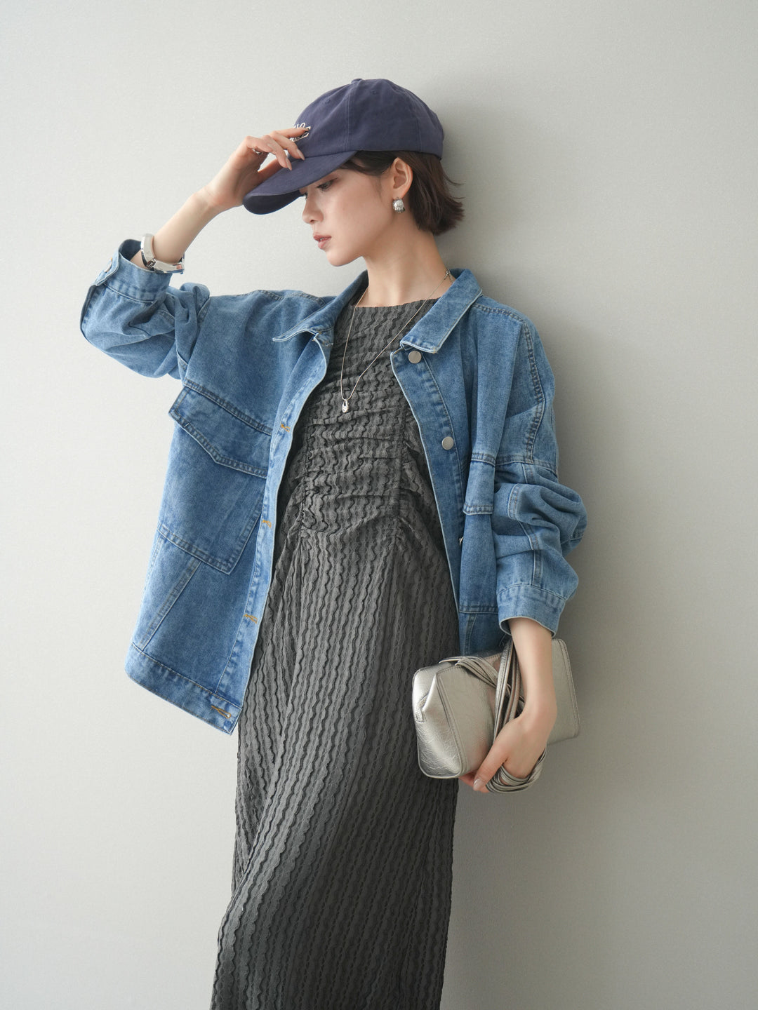 [予約]シャーリングジャガードノースリーブワンピース/gray