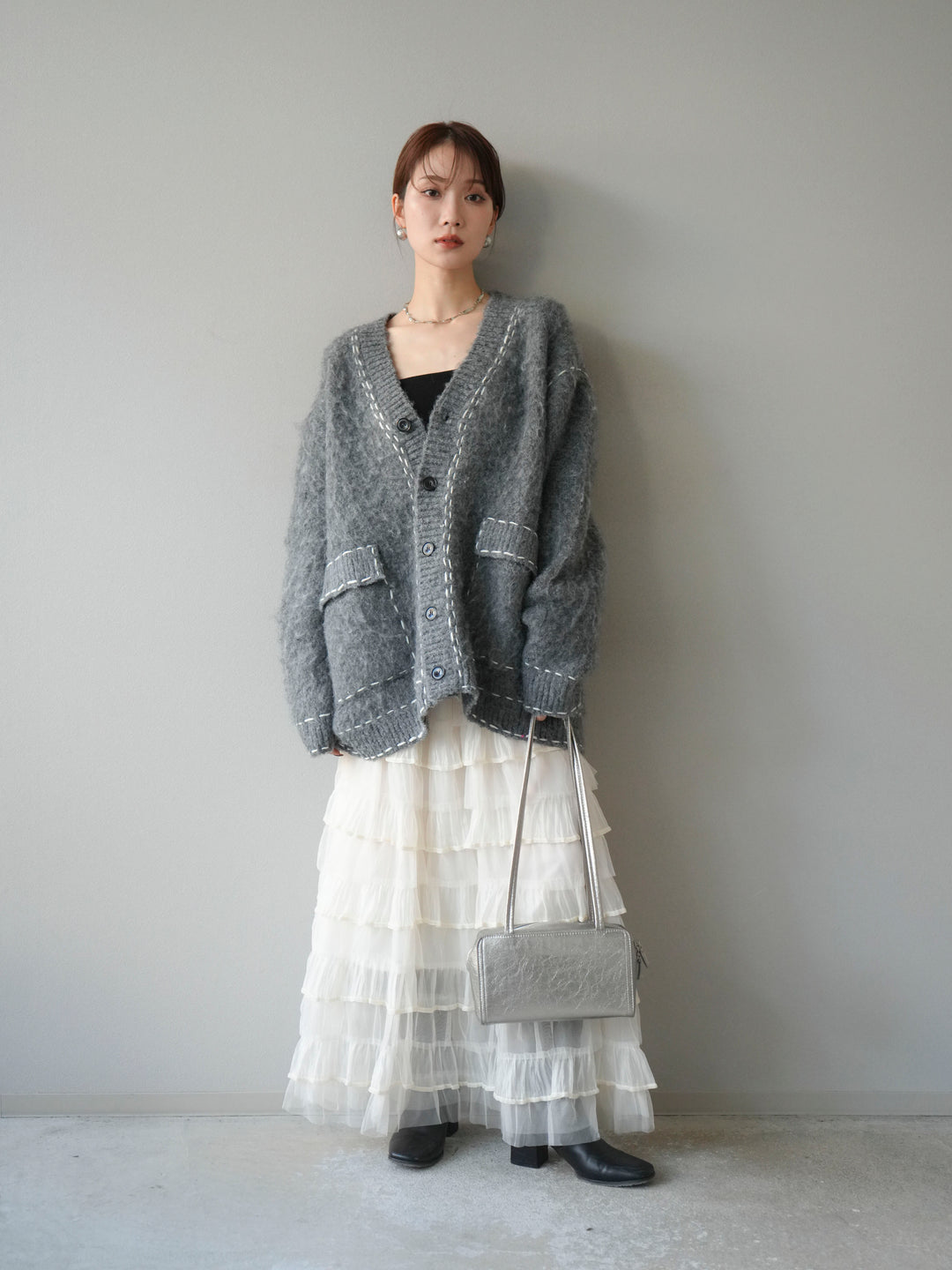 [予約]ステッチVネックニットカーディガン/グレー