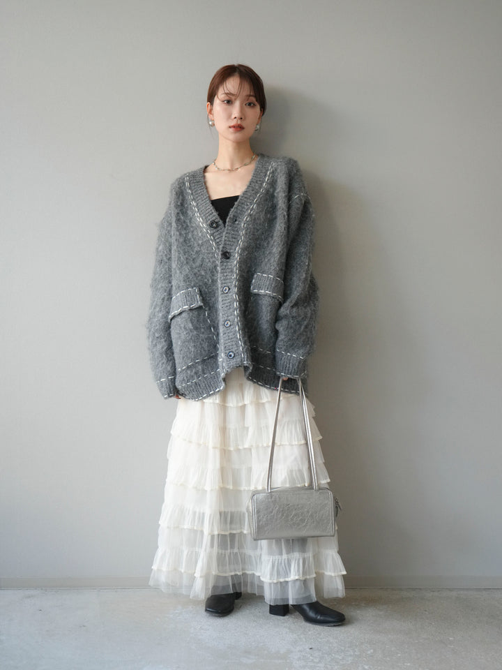 [予約]ステッチVネックニットカーディガン/グレー