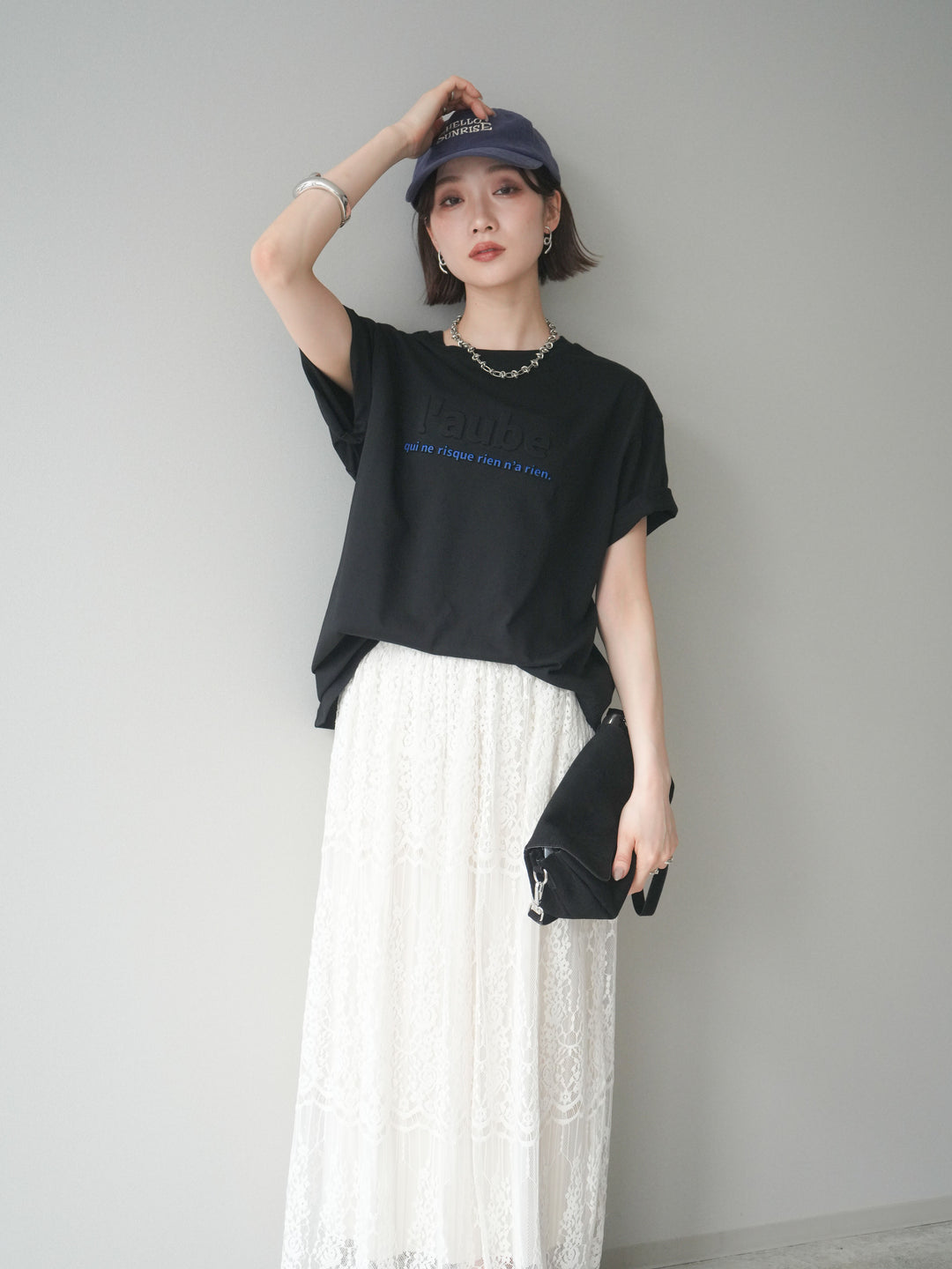 [SET]エンボスロゴTEE+裏プリーツ総レースロングスカート(2set)