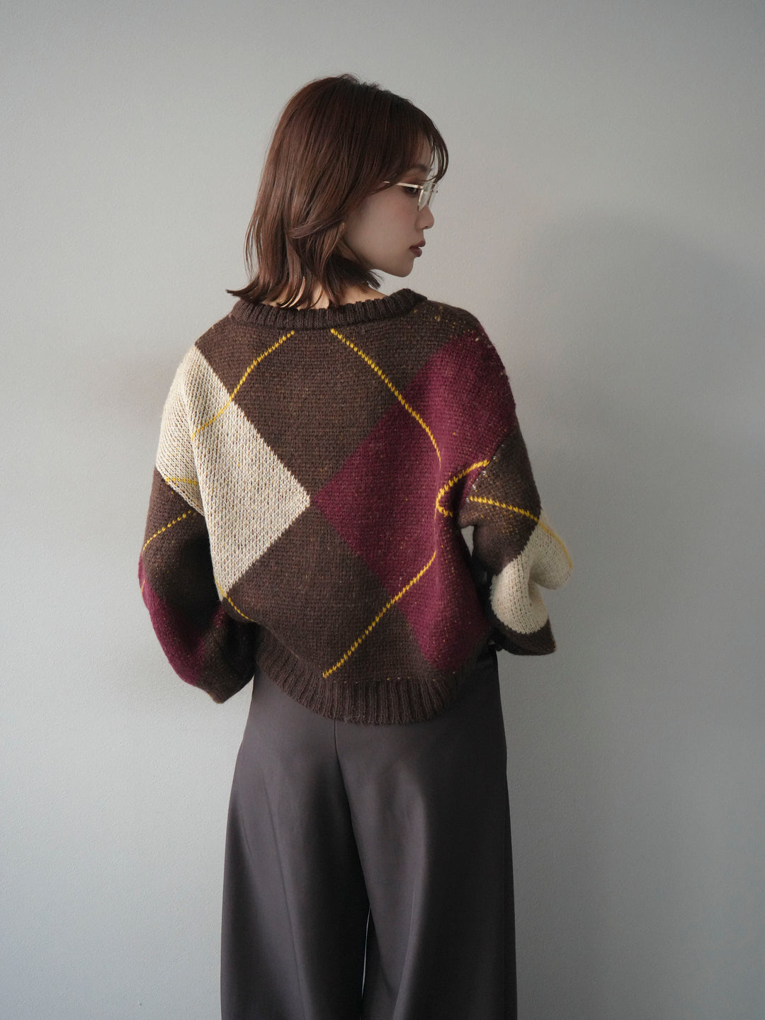 [予約]配色ステッチアーガイル柄ニットプルオーバー/brown