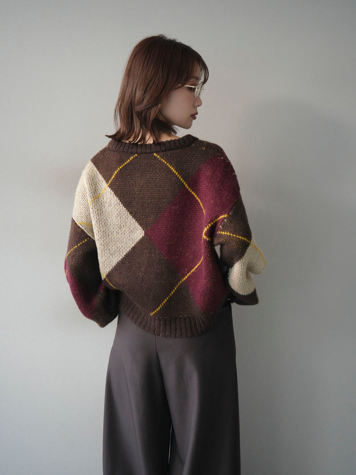 [予約]配色ステッチアーガイル柄ニットプルオーバー/brown