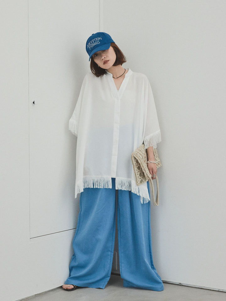 [SET] 方形流蘇斗篷襯衫 + 亞麻觸感褶皺寬褲 (2 件套)