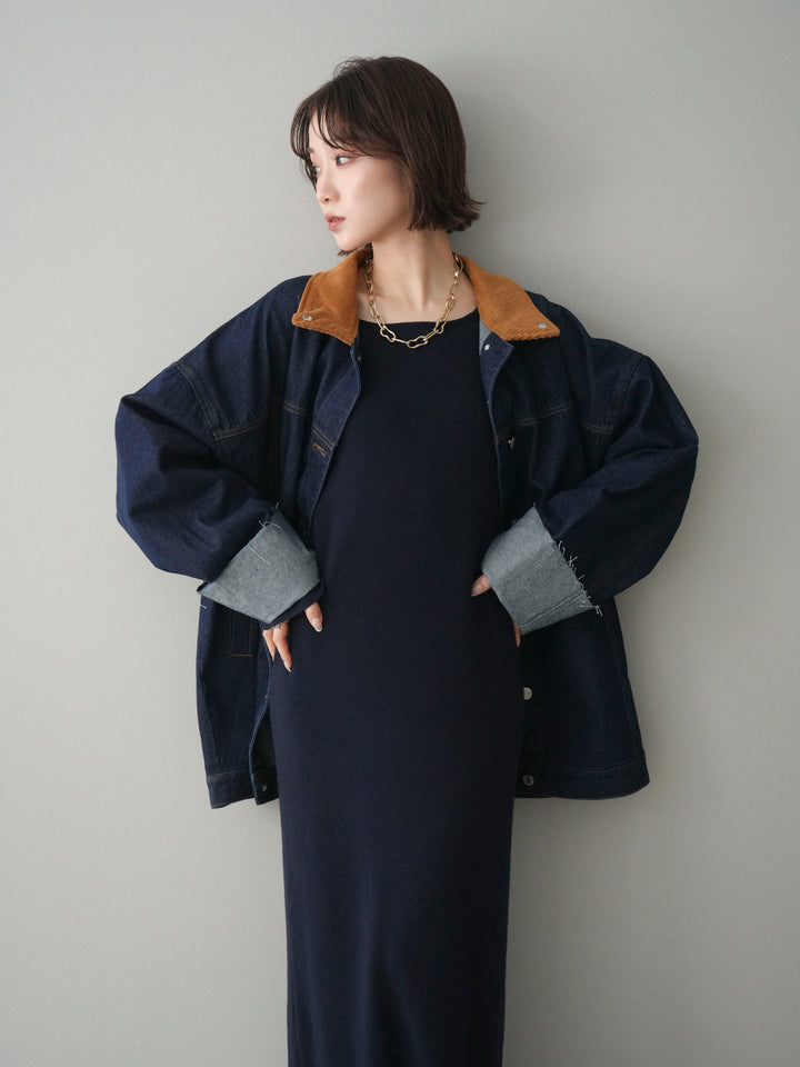 [SET]2WAYニットワンピース+コーデュロイ×デニムミドルジャケット(2set)