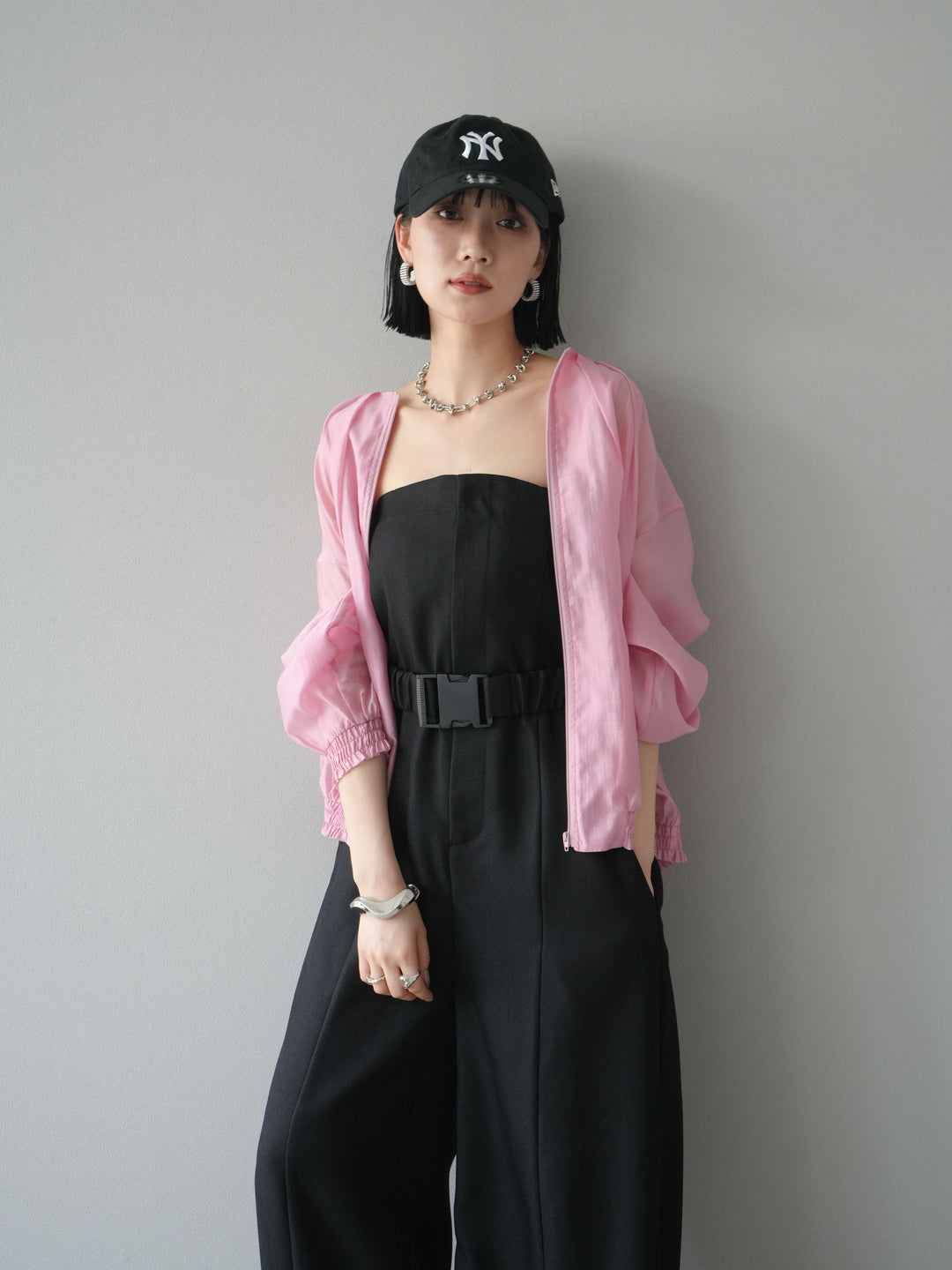 [SET]タックデザインシアーブルゾン+ヘザーツイルベルト付ベアサロペット(2set)