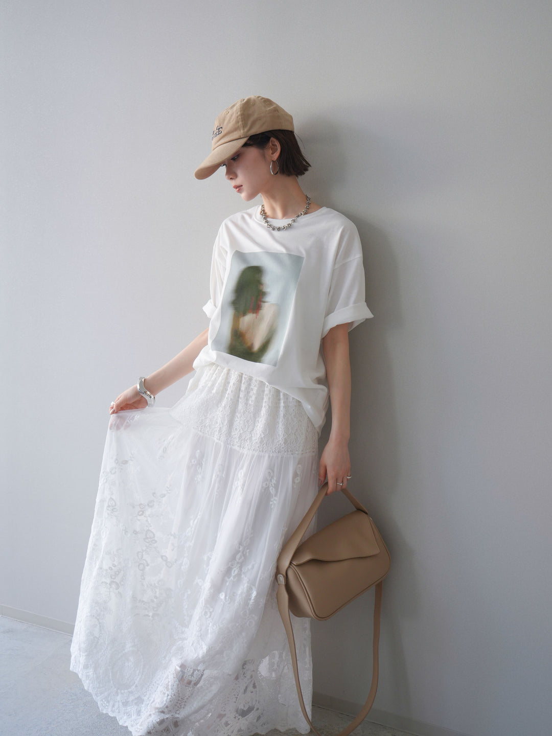 [SET]ブラーアートフォトTシャツ+シアーレースマキシスカート(2set)