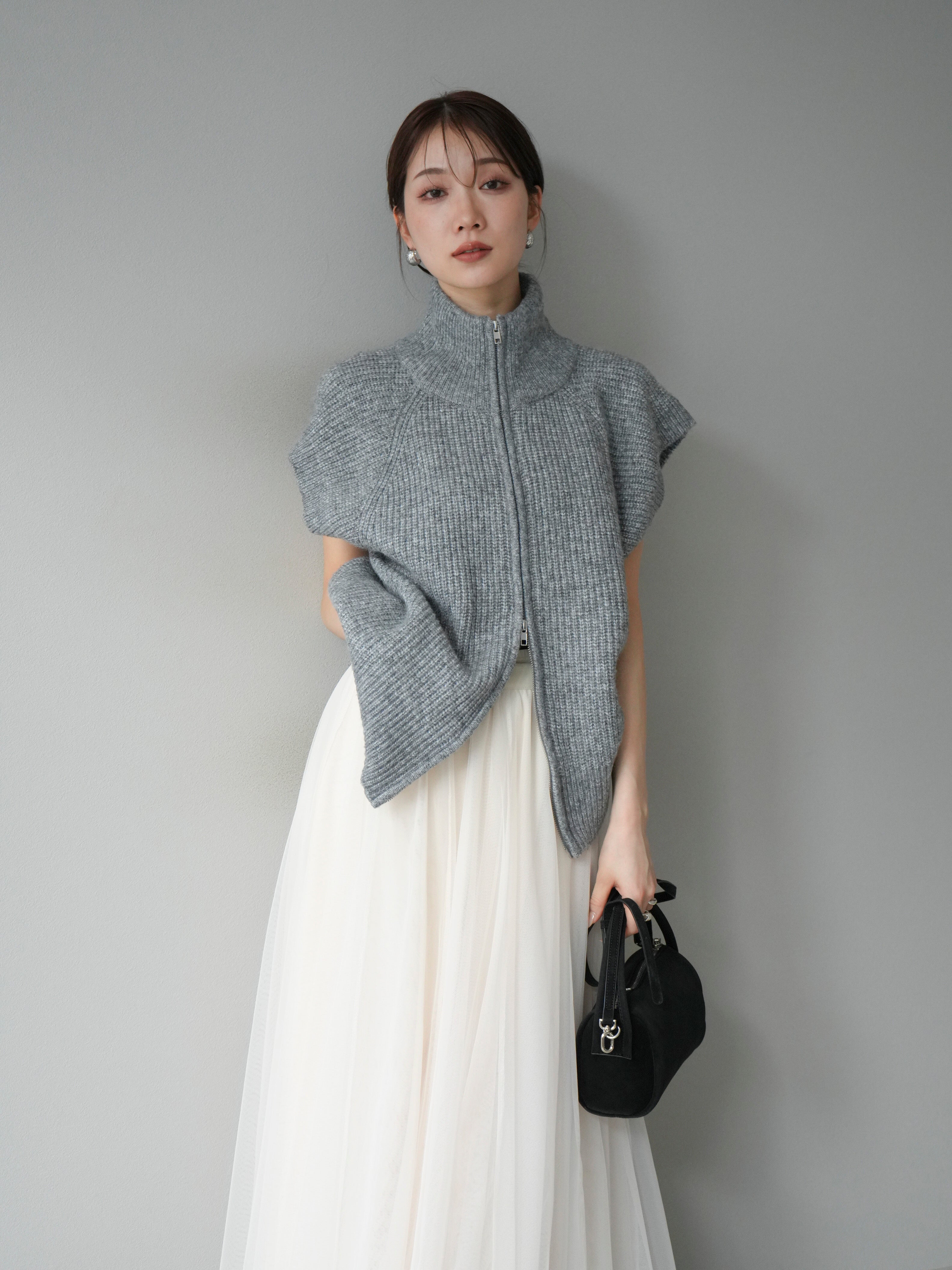 予約]ダブルZIPハイネック畦編みニットベスト/杢グレー – Lumier