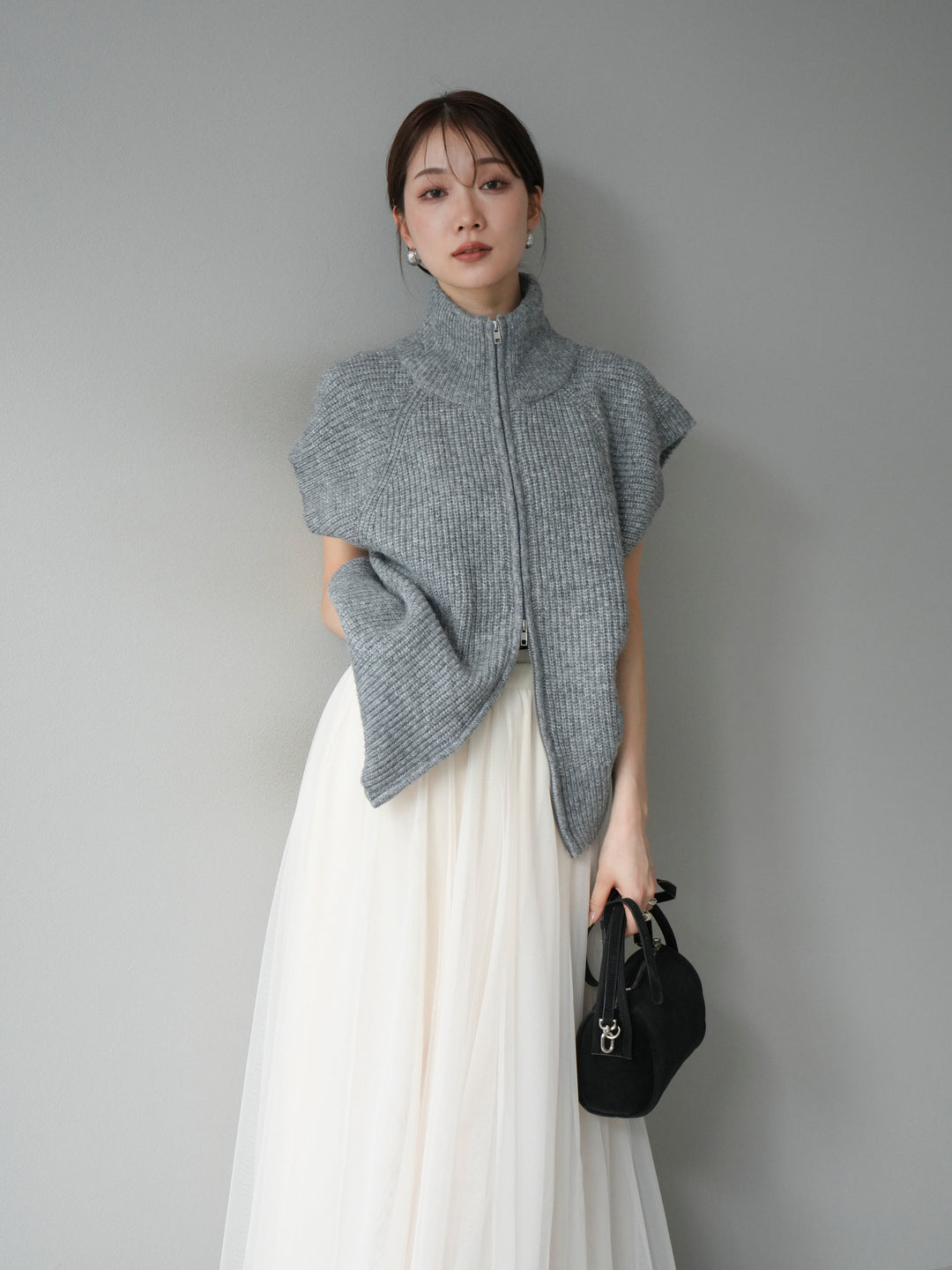 [予約]ダブルZIPハイネック畦編みニットベスト/杢グレー