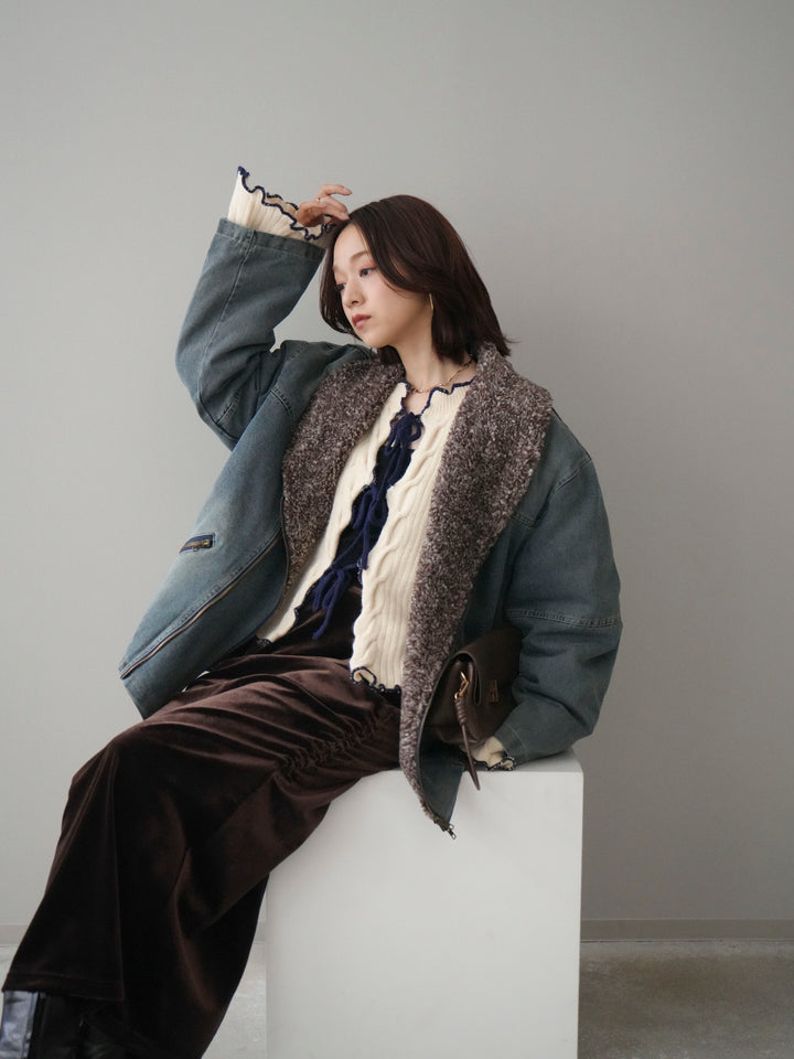 [SET]ミックスボアデニムジャケット+フロントリボン配色メローニットカーディガン+ギャザーベロアスカート(3set)