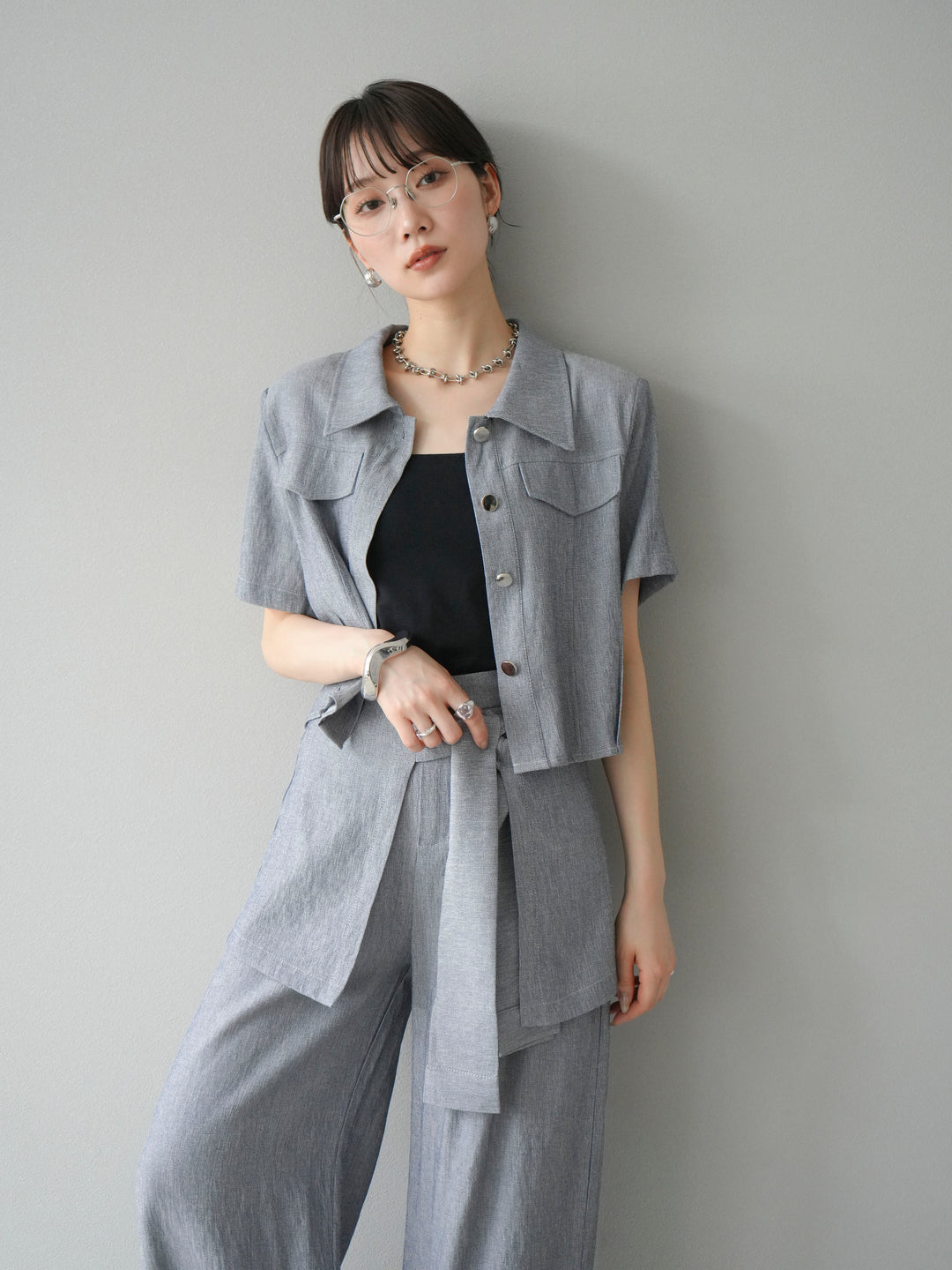 [SET]リネンタッチハーフシャツ＆ラップワイドパンツSET UP(2set)