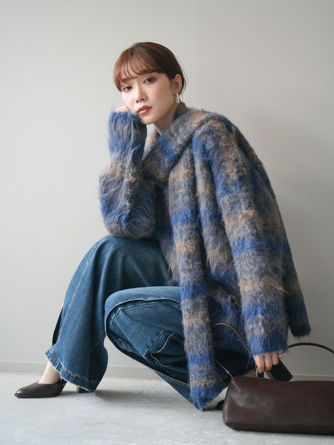 [予約]ストール付シャギーマルチボーダーニットプルオーバー/blue