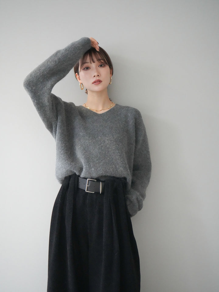 [SET]シュシュ付きアンゴラタッチVネックニットプルオーバー+ベルトデザインループコールテンワイドパンツ(ベルト付き)(2set)