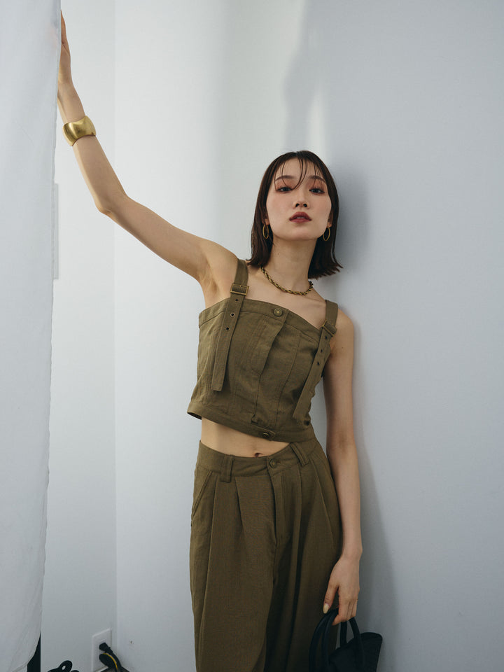 [SET] 亞麻感緊身胸衣＆寬褲套裝（2件套）