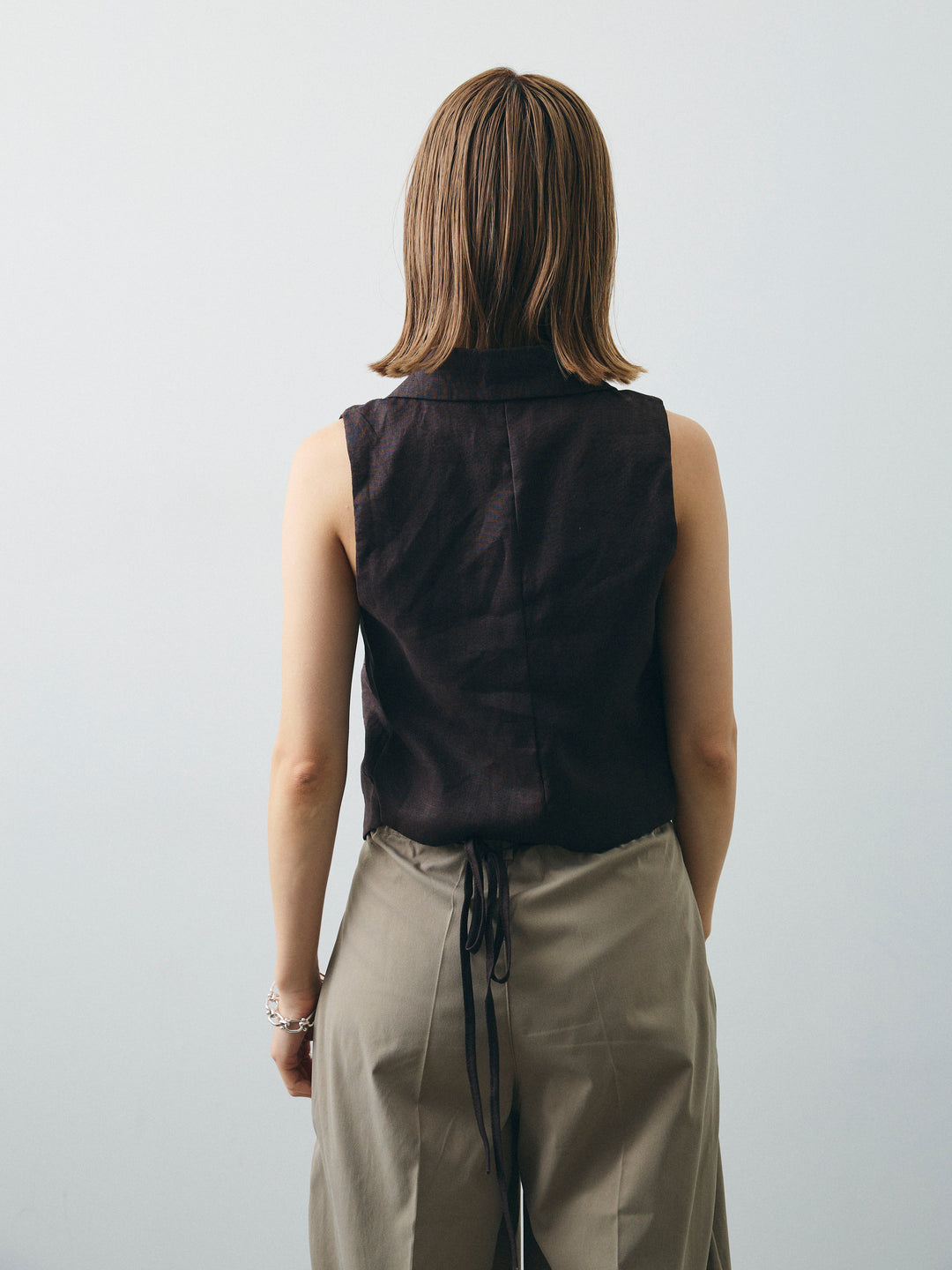 [予約]リネンライクテーラードジレ/ブラウン