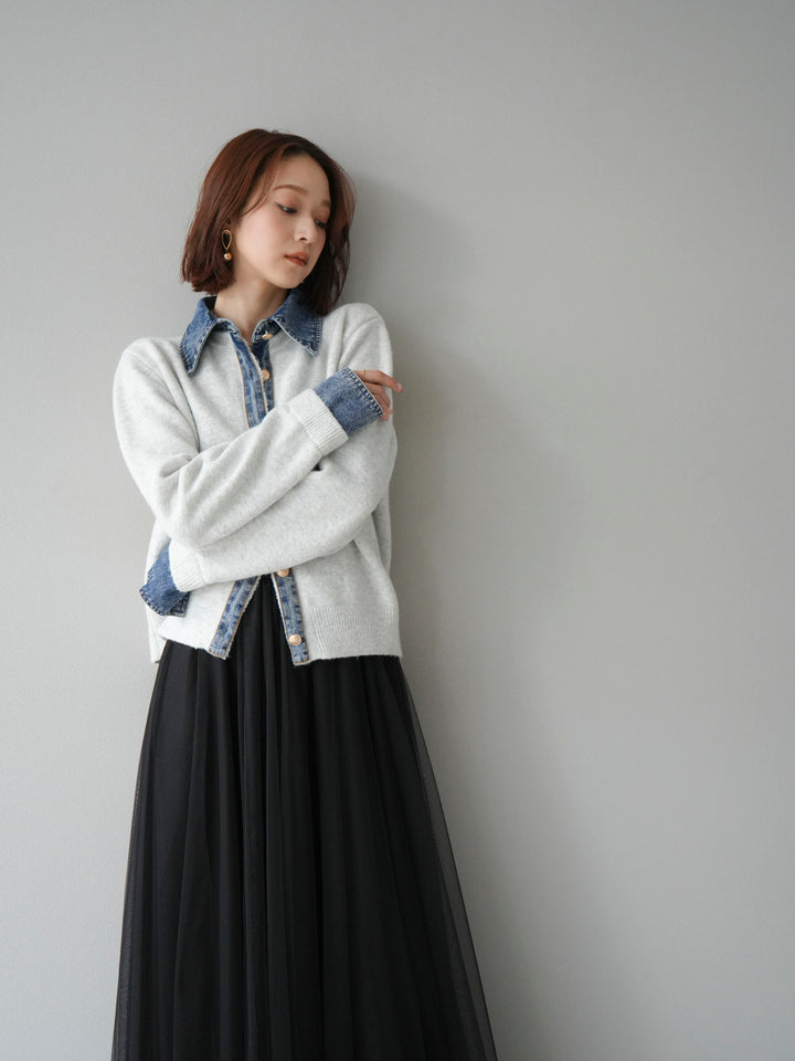 [予約]デニム襟ボタンニットカーディガン/オートミール