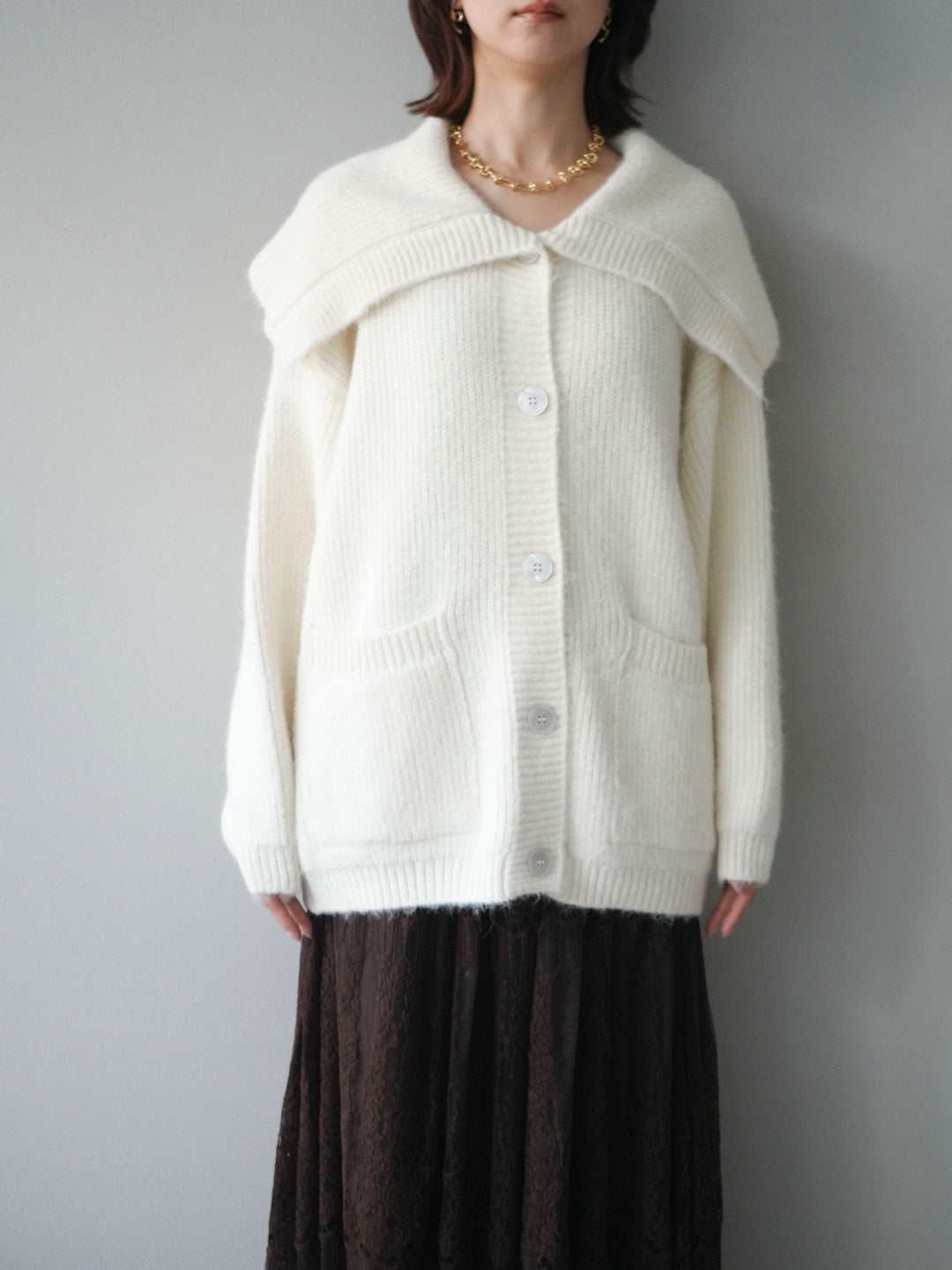 [予約]襟付きボタンオーバーニットカーディガン/ivory