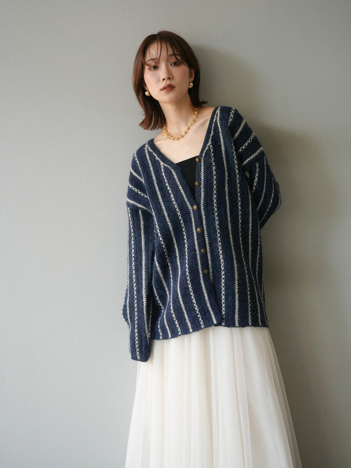 [予約]ストライプVネックニットカーディガン/ブルー