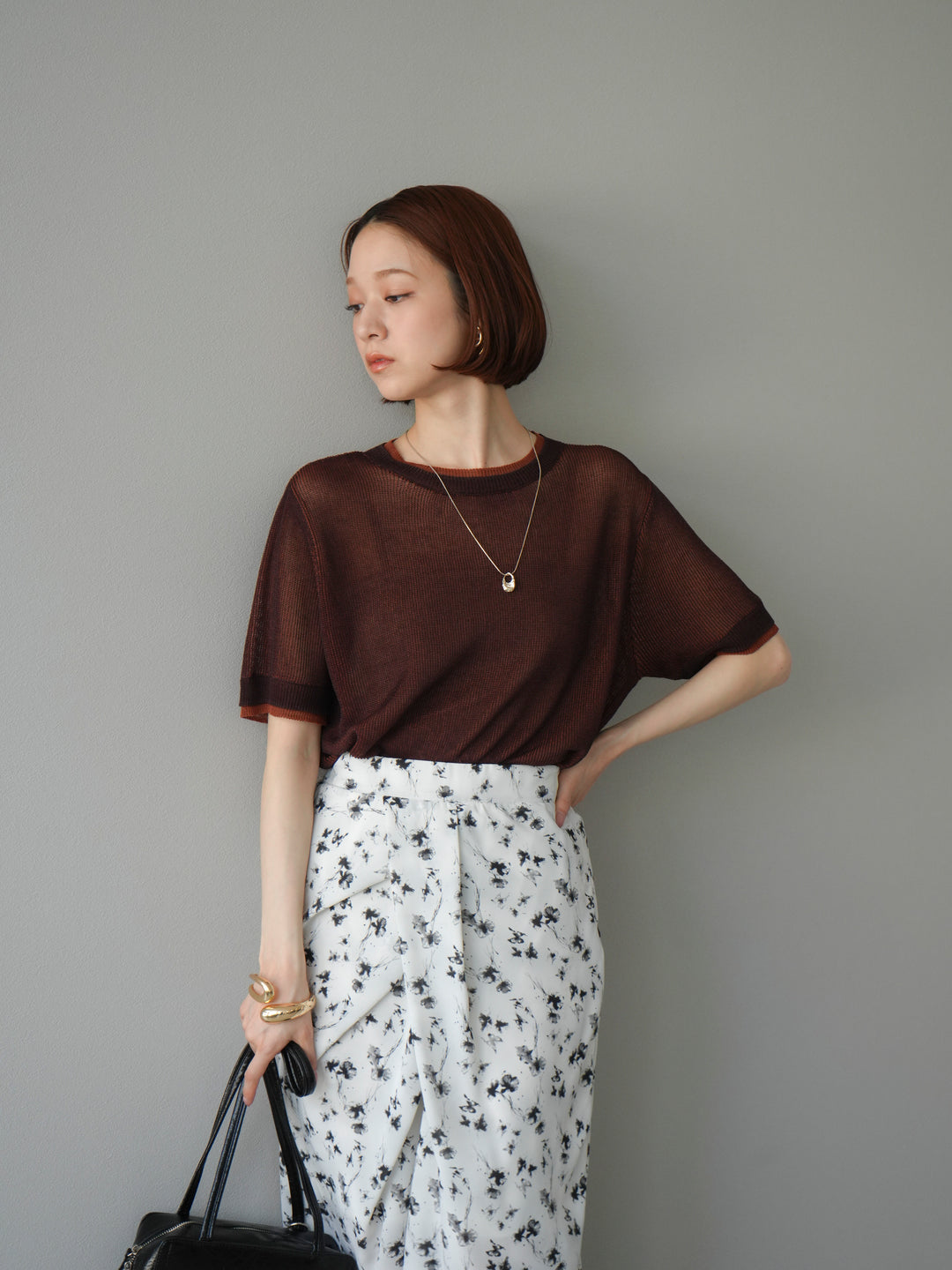 [SET]リネンタッチ配色二重臼ハーフニットトップス+選べるアソート柄スカートセット(2set)