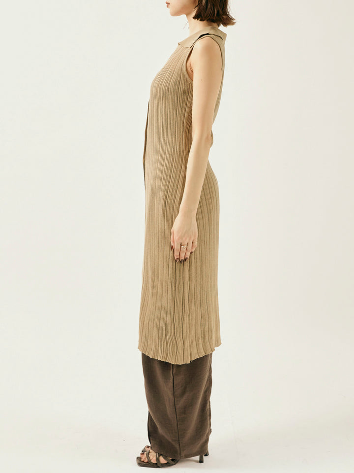 [予約]襟付きランダムリブロングニットカーディガン/ベージュ