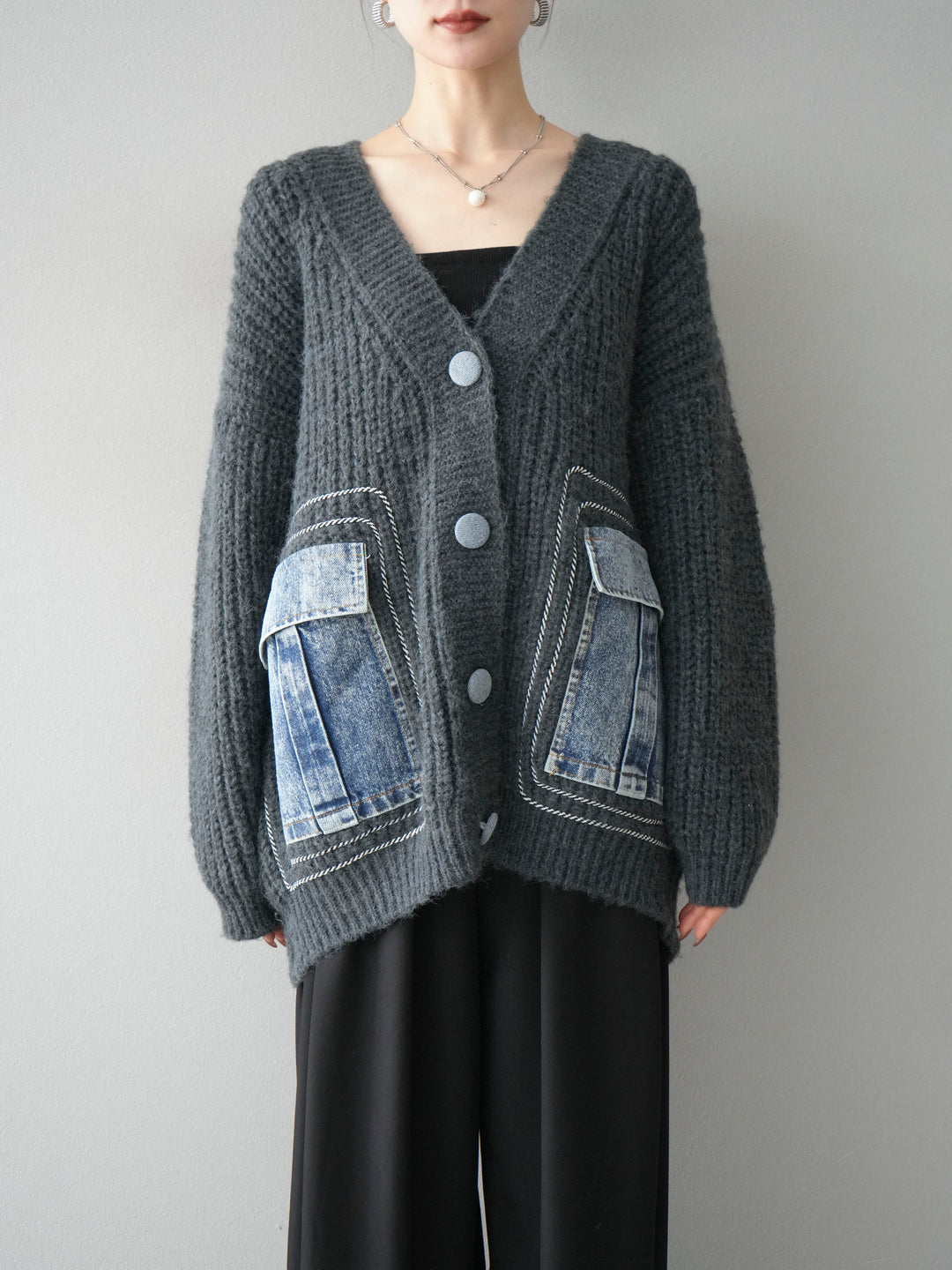[予約]デニムポケットハンドステッチカーディガン/gray
