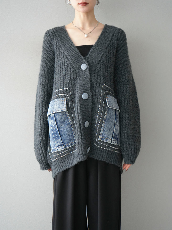 [予約]デニムポケットハンドステッチカーディガン/gray