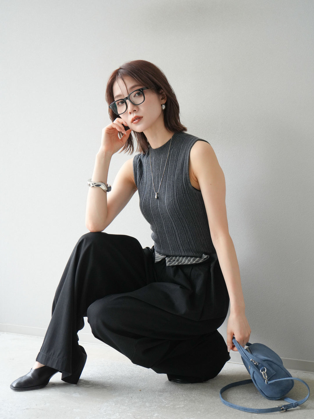 [予約]スリーブレスランダムリブニットトップス/グレー