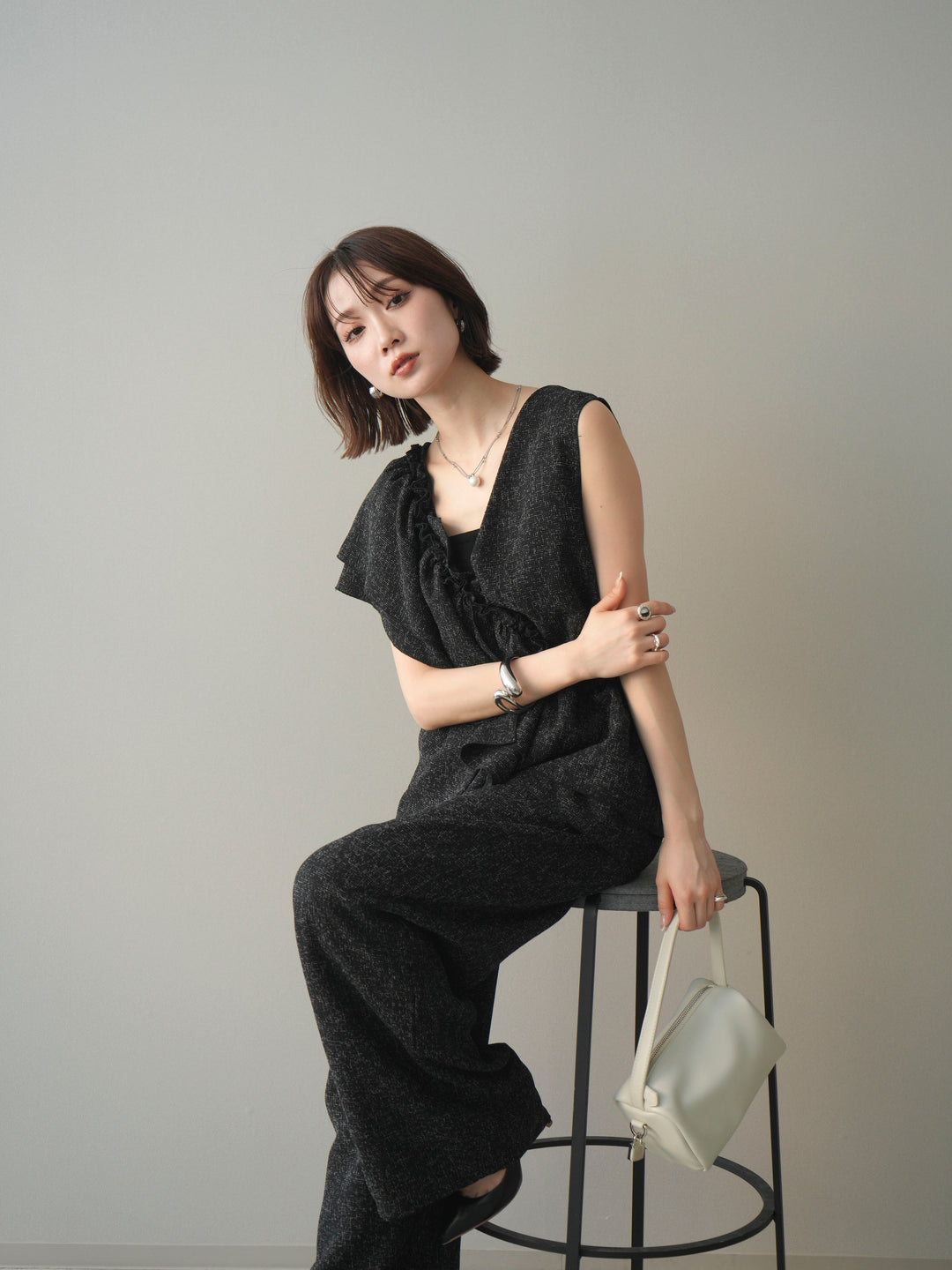 [SET]3WAYミックスツイードギャザーオールインワン+選べるアクセセット(2set)