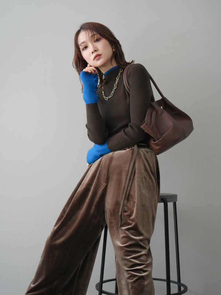 [予約]袖ボタンハイネック配色リブニットトップス/brown