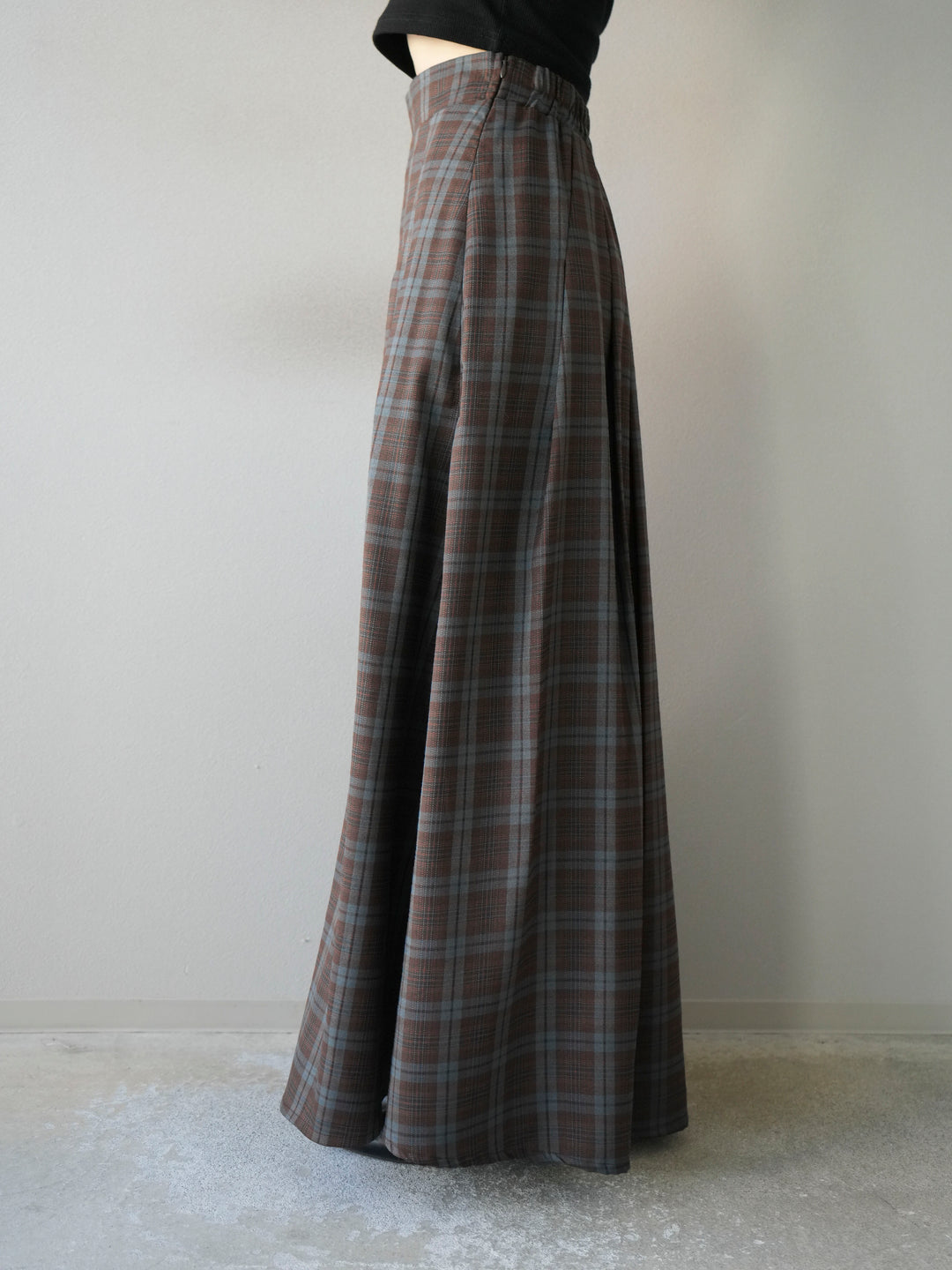 [予約]チェック柄タックフレアスカート/ブラウン