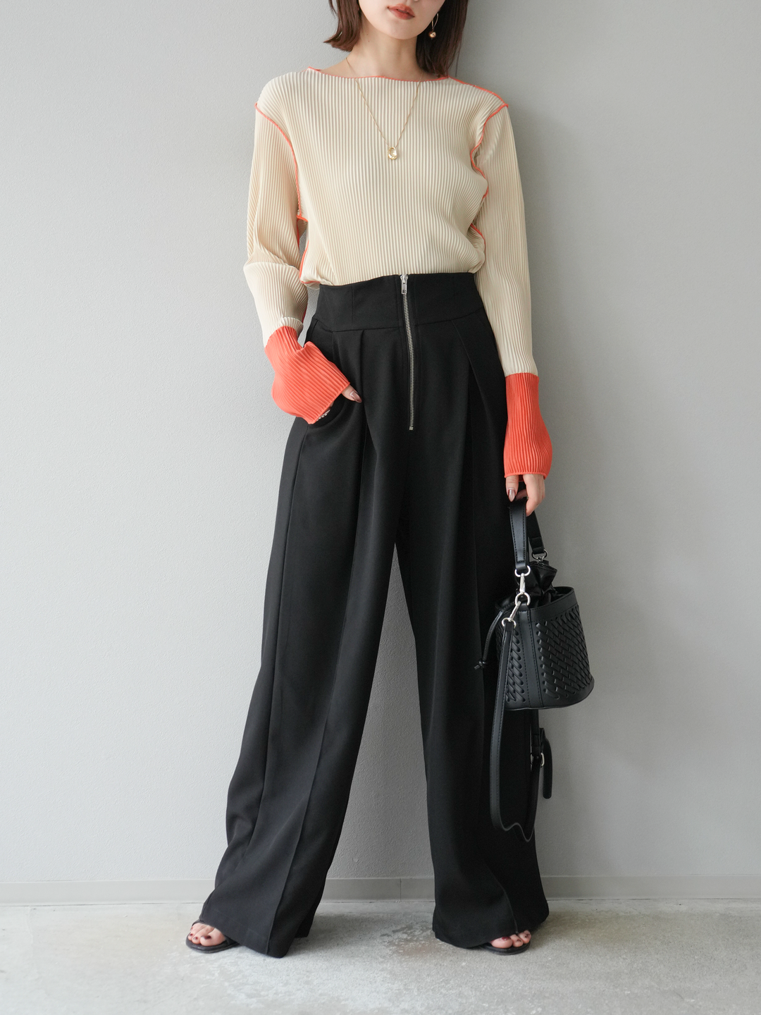 [予約]バイカラープリーツトップス/アイボリー