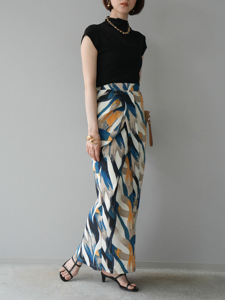 [預購] 度假風印花褶襉I字裙/藍色