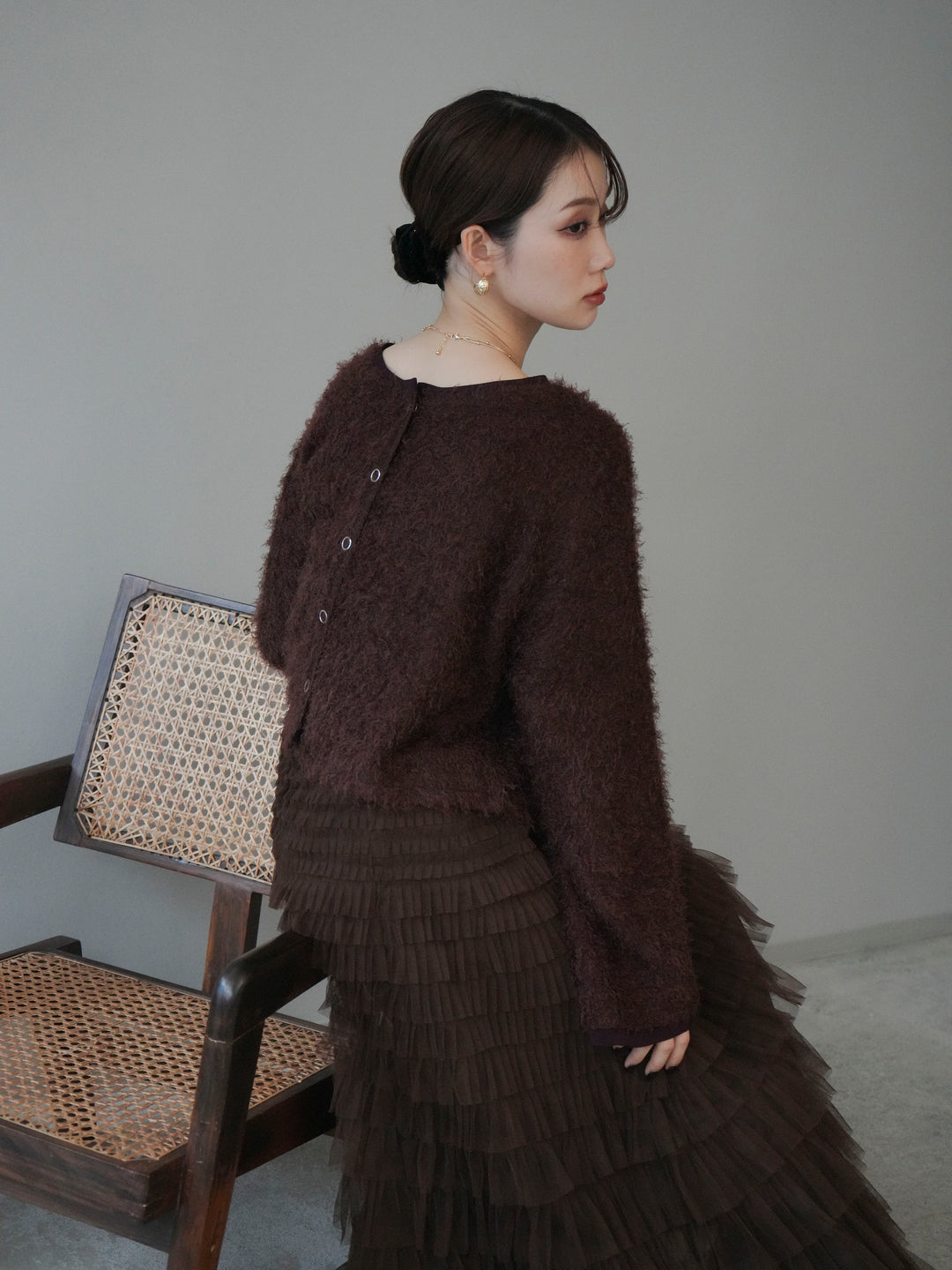 [予約]バイカラー2WAYシャギーニットカーディガン/brown