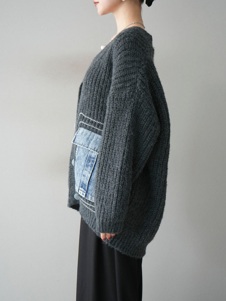 [予約]デニムポケットハンドステッチカーディガン/gray