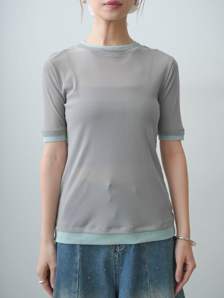 [予約]トリムレイヤードシアー半袖トップス/gray